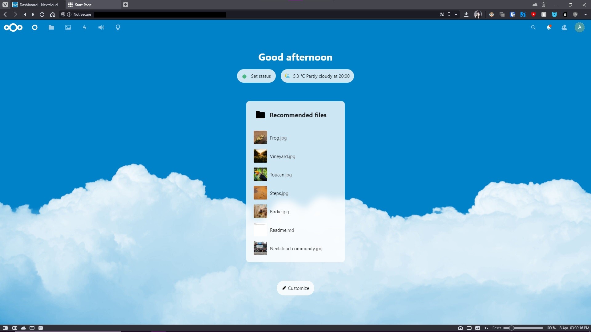 The Nextcloud dashboard in a Vivaldi browser window. The top text says 'good afternoon' and below is a list of files